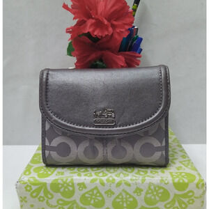 Coach Gray Canvas Leather Trim Credit Card ID Window Trifold Wallet